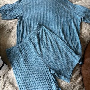 Blue Ribbed Knit Lounge Set